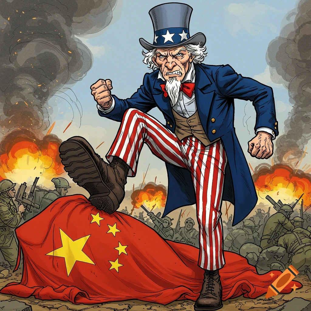 Comic illustration of Uncle Sam stepping on the Chinese flag on a battlefield with soldiers and explosions.