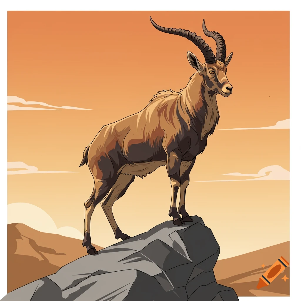 A stylized image shows a kri kri ibex standing on a rock against an orange sky.