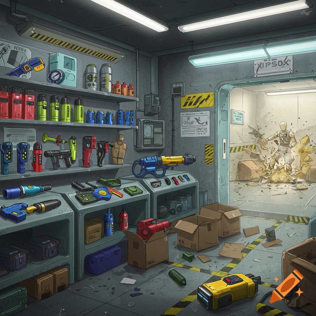 A sci-fi workshop filled with tools and weapons, with a dummy being destroyed in a demolition room.