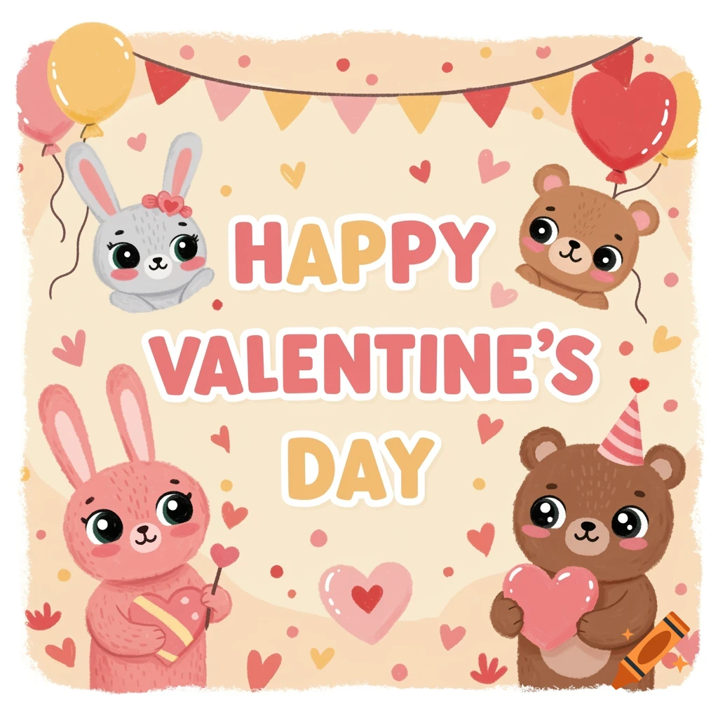 Cartoon Valentine's Day poster with bunnies, bears, hearts, balloons, and 'Happy Valentine's Day' text.