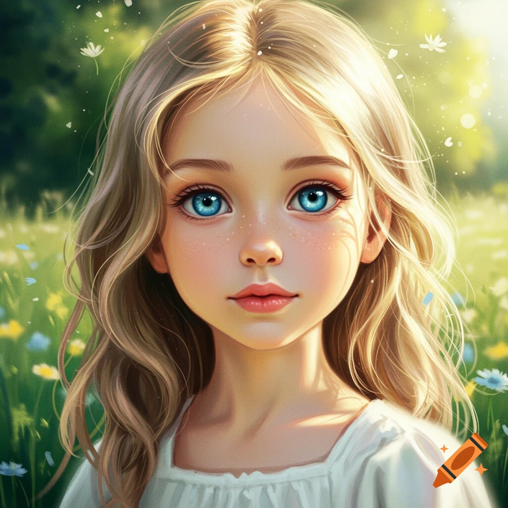 A young girl with big blue eyes and blonde hair in a sunlit meadow.