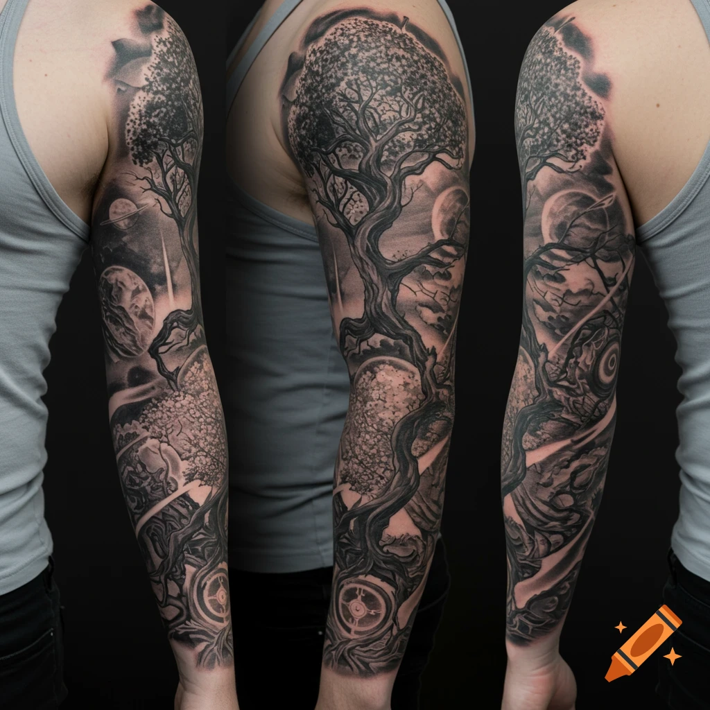 A black and gray space and tree themed full sleeve tattoo in cyber sigilism style on an arm.