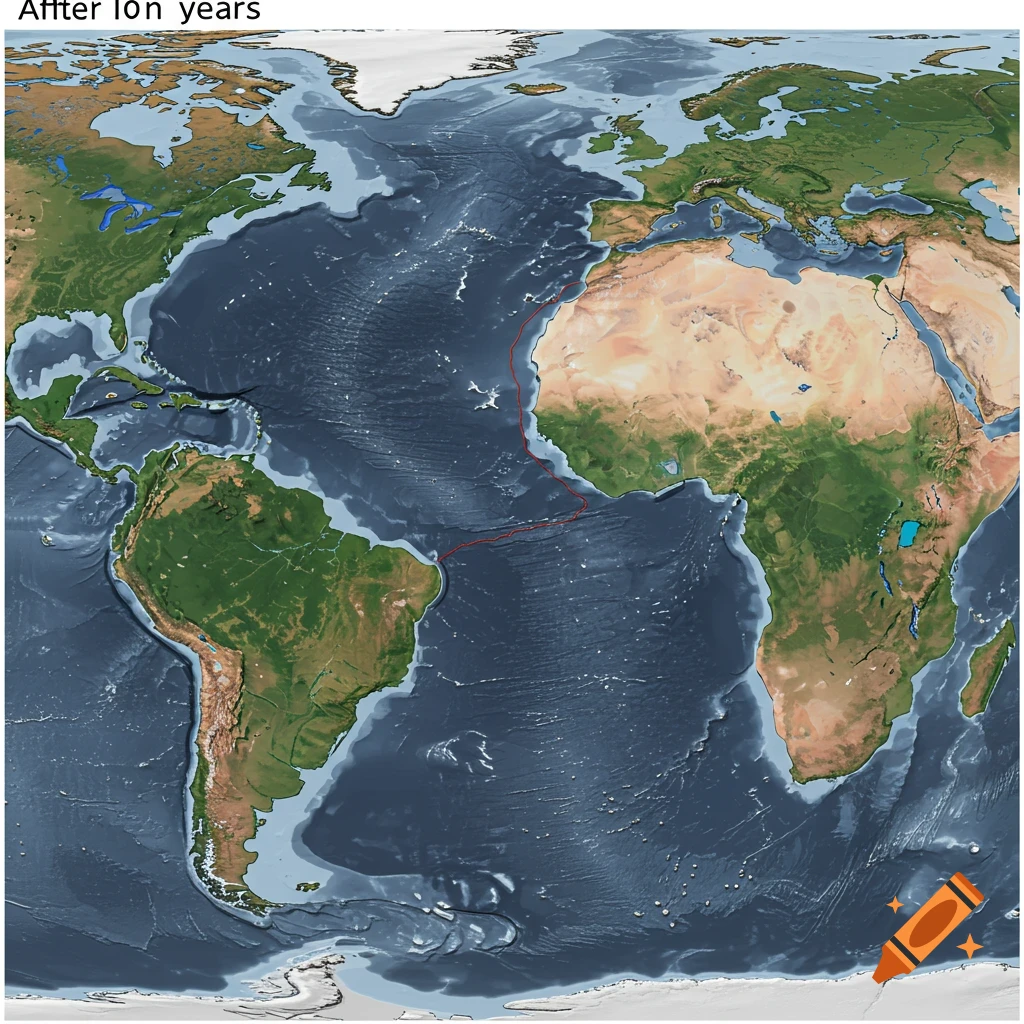 A stylized world map focused on the Atlantic Ocean and continents, with a red line and text.