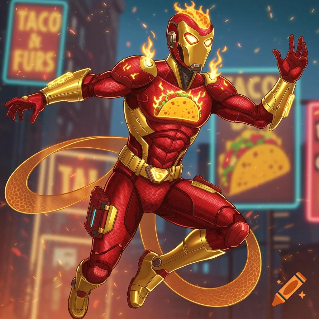 A superhero in a red and gold suit with a taco on the chest runs through a city with taco signs.