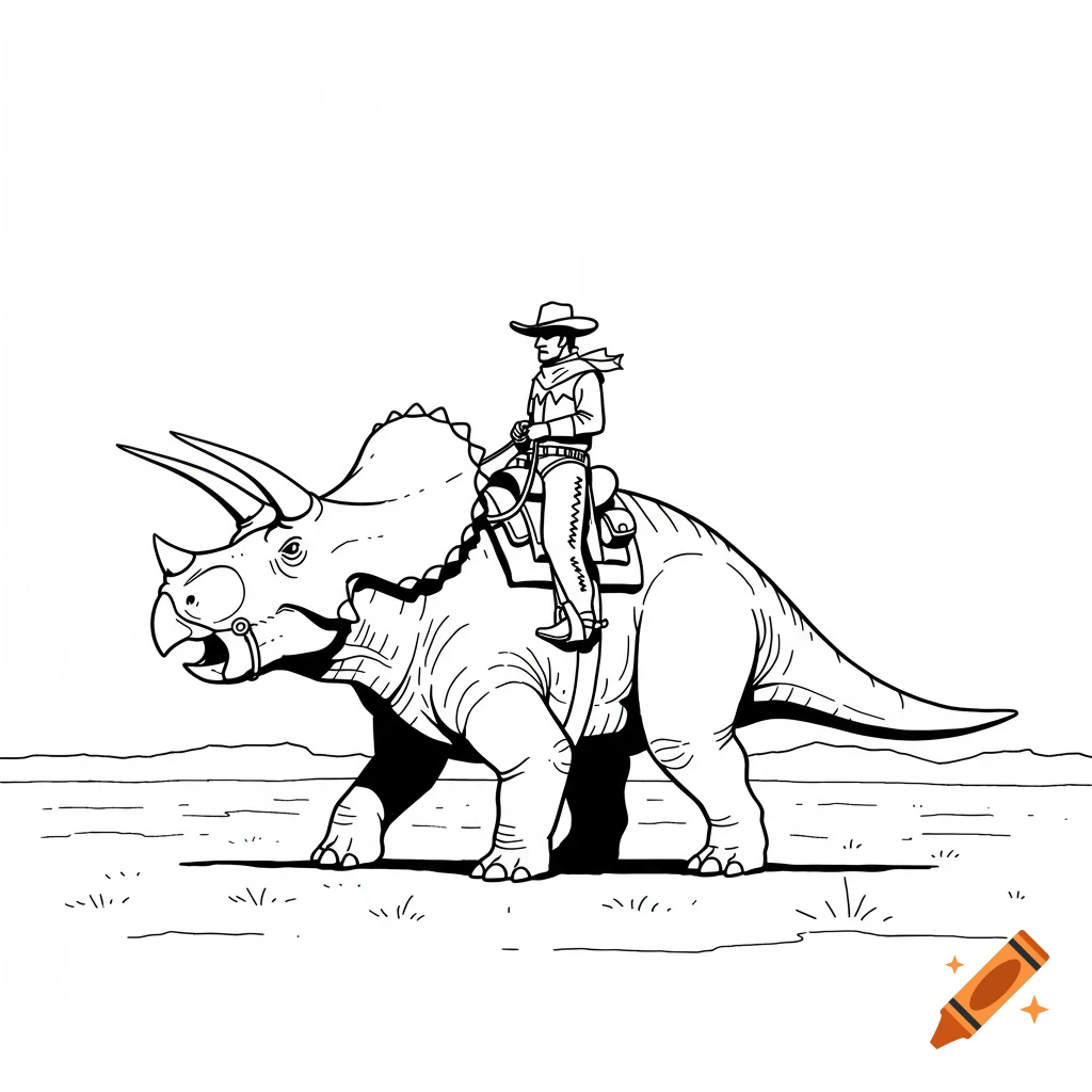Simple outline drawing of a cowboy riding a Triceratops dinosaur.