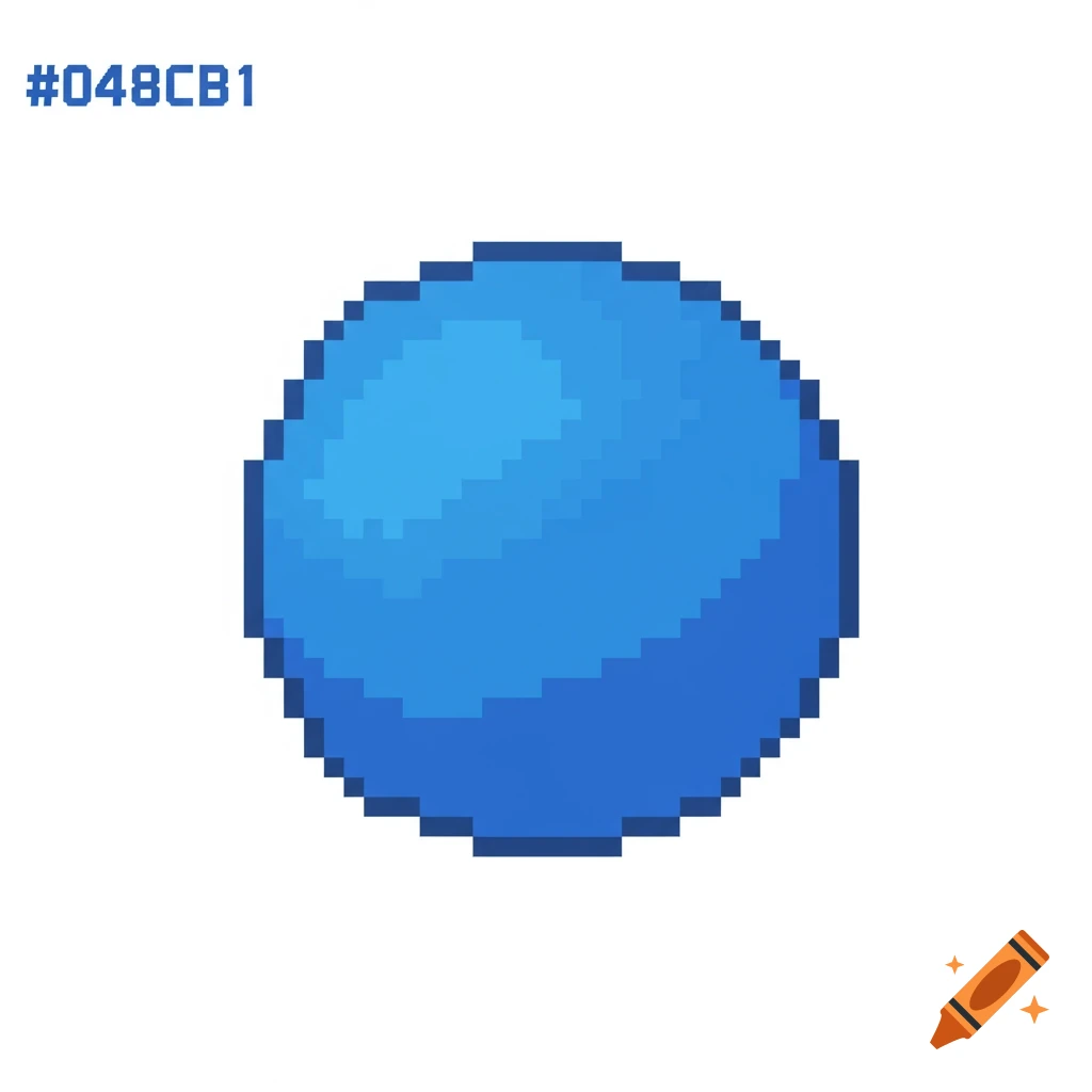 A blue pixel art sphere with the text #048CB1