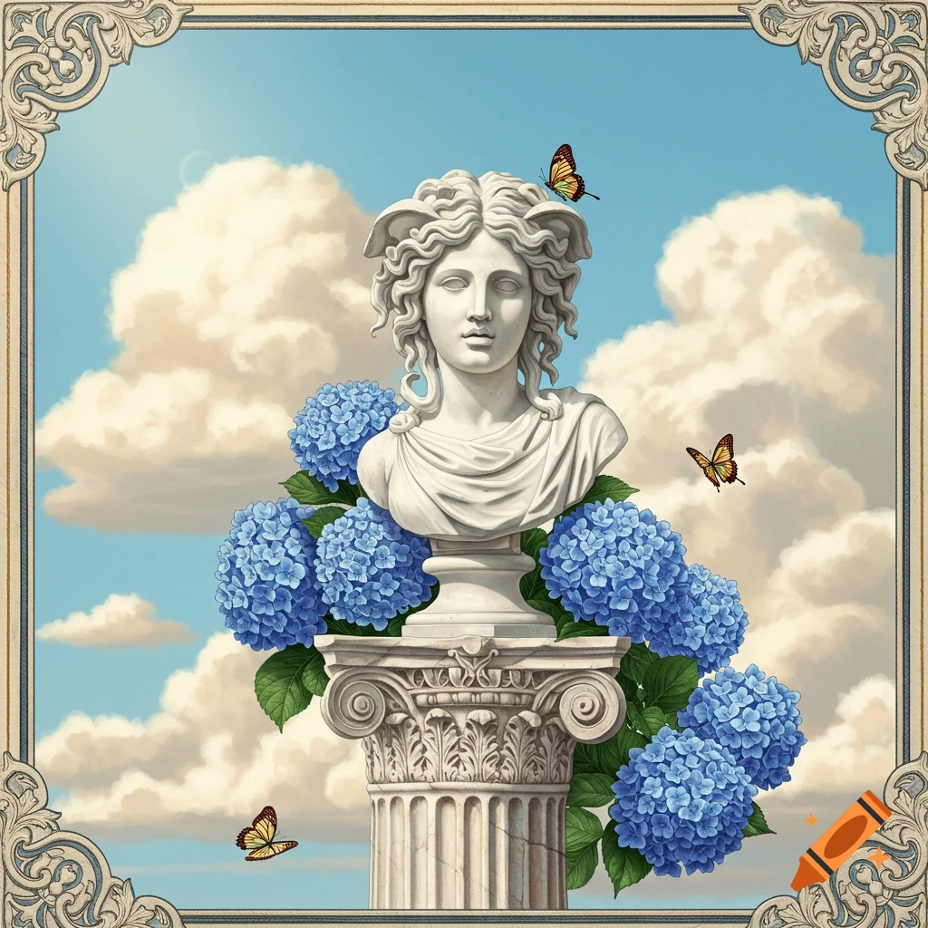 A Medusa bust statue on a Roman pillar surrounded by blue hydrangeas and butterflies against a cloudy sky, framed by decorative filigree.