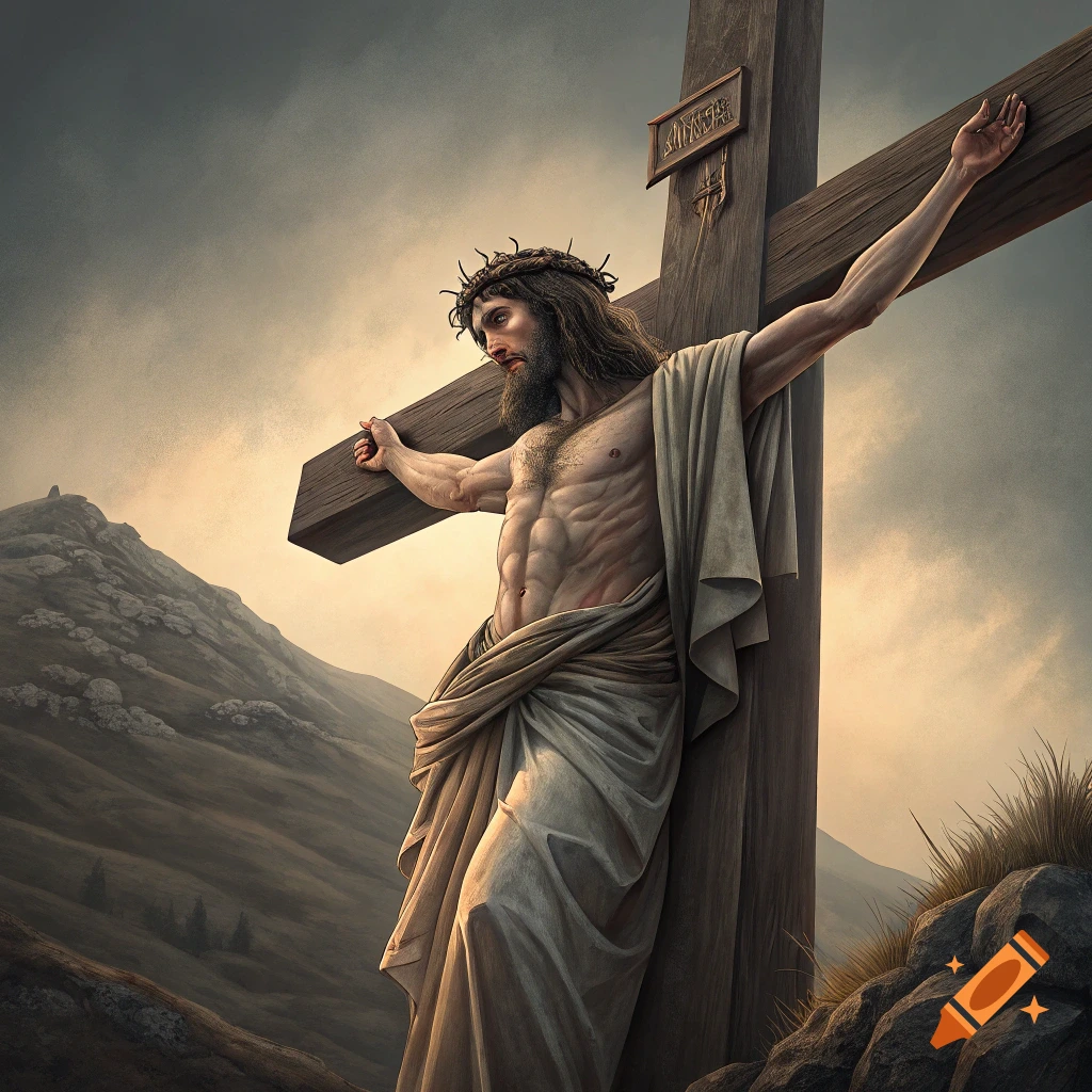 Jesus on the cross on a hill under a cloudy sky.