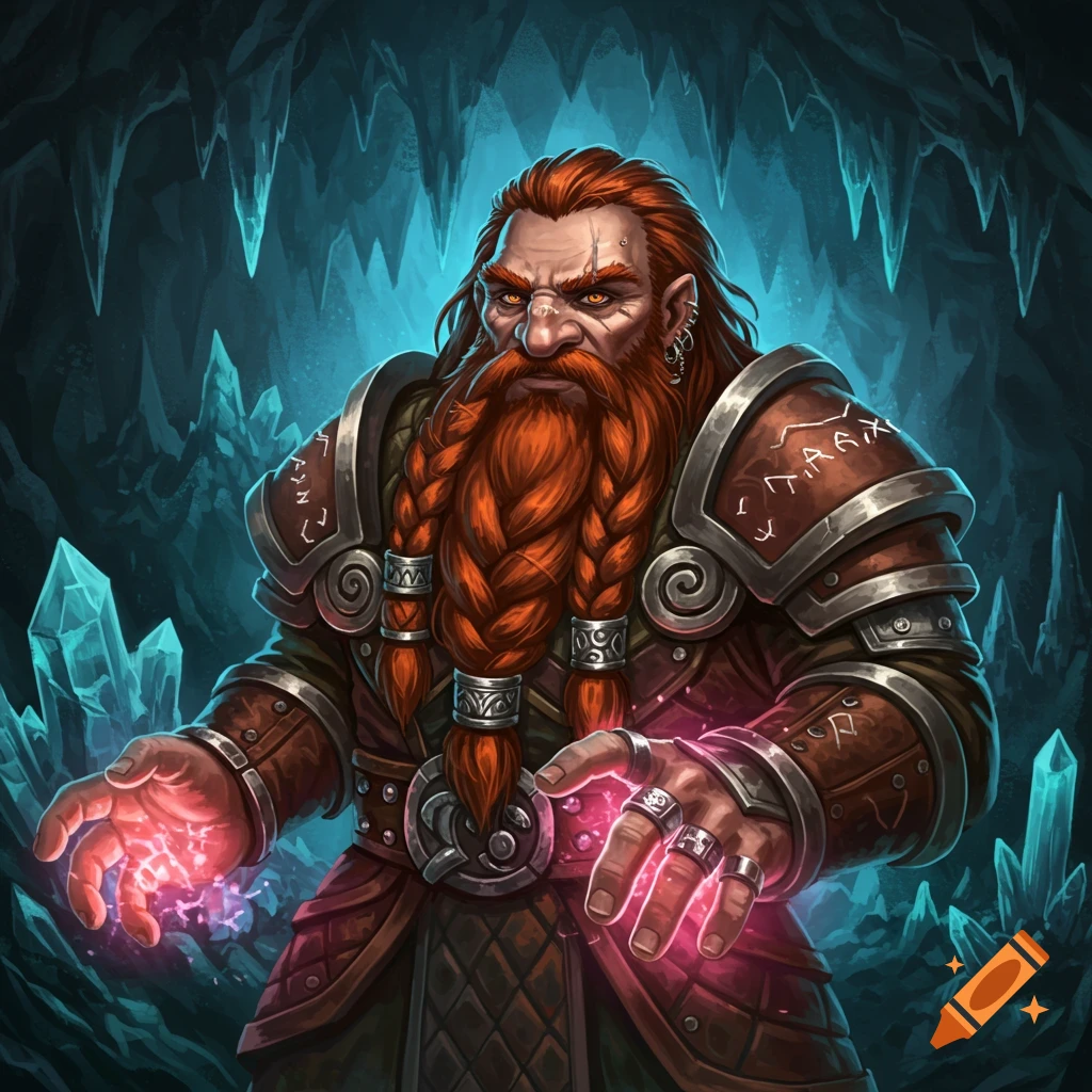 A red-bearded dwarven sorcerer casting magic in a crystal cave.