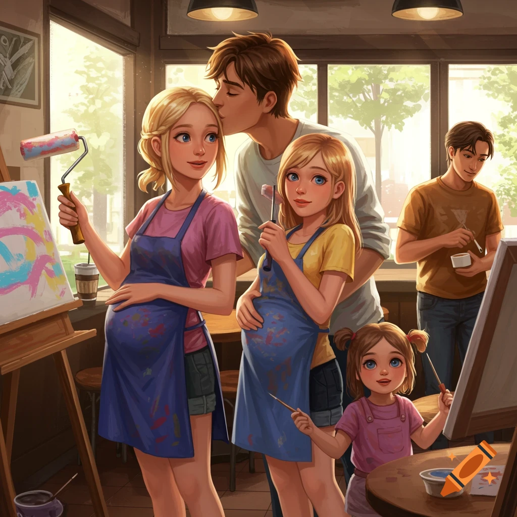 A family painting in a bright coffee shop. Two pregnant women, a man, and a young child are shown painting on easels.