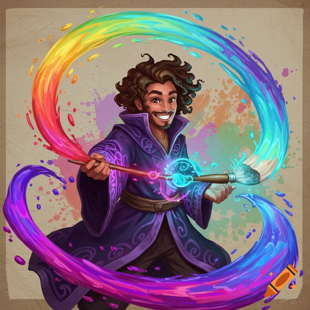 A fantasy wizard uses a paintbrush to cast colorful paint magic.