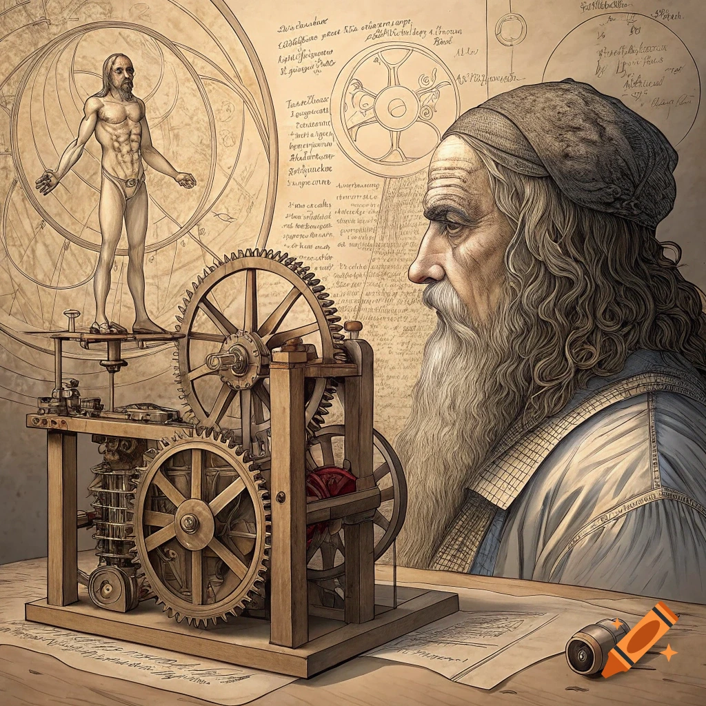 Drawing of man resembling Leonardo da Vinci, anatomical figure, mechanical device, and diagrams.