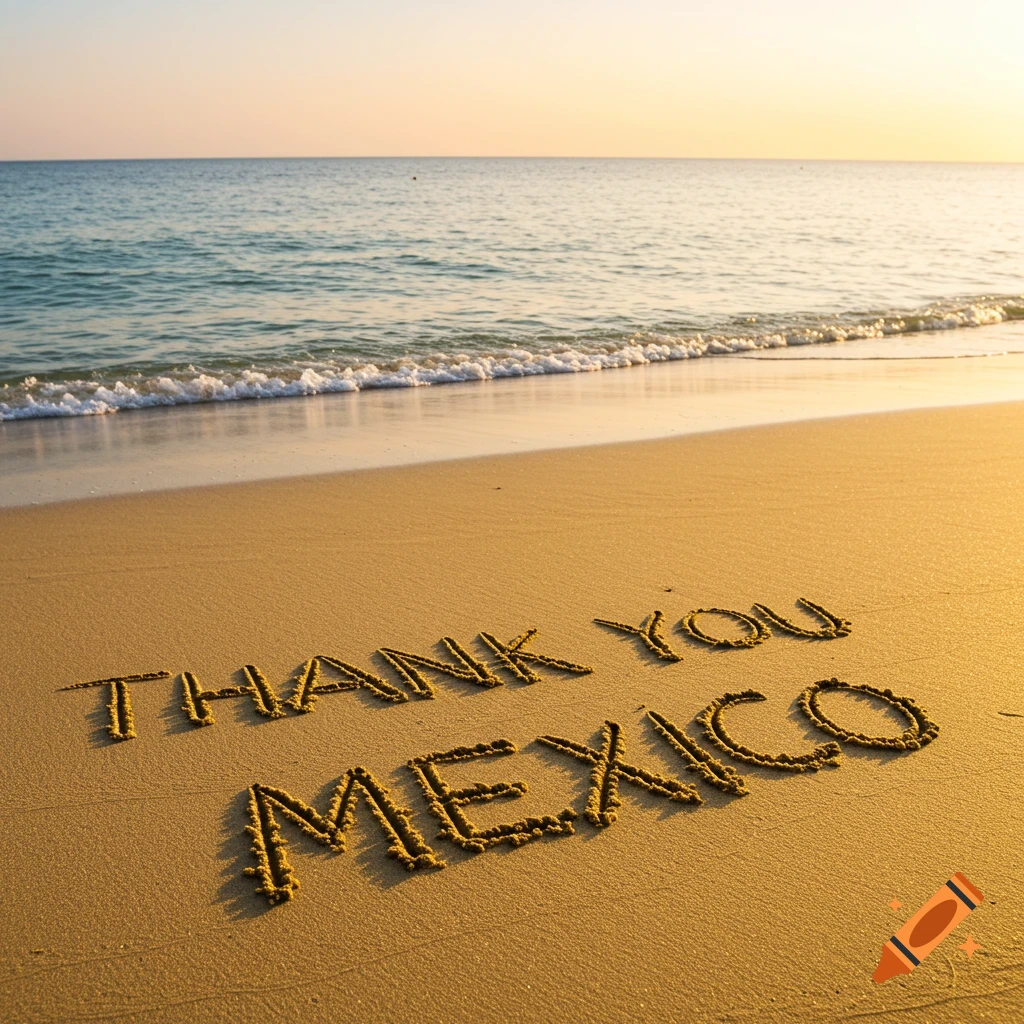 Text 'THANK YOU MEXICO' written in sand on a beach at sunset.
