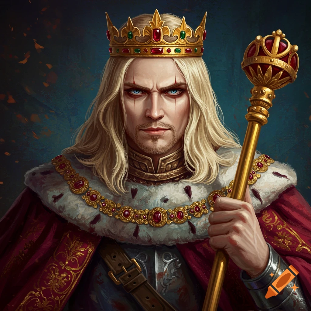 A cruel king with blonde hair, blue eyes, crown, and staff.