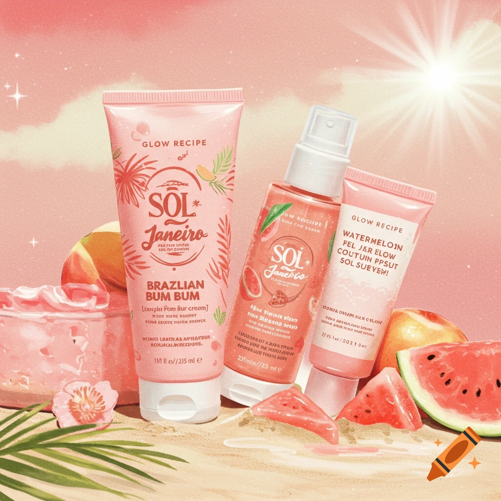 Sol de Janeiro and Glow Recipe cosmetic products on a beach with fruit.