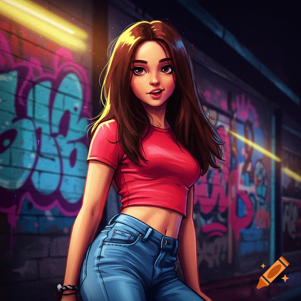A girl in a red crop top and jeans stands by a graffiti wall.