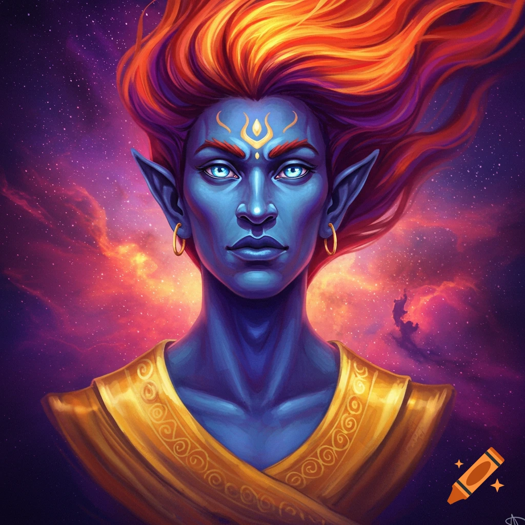 A blue-skinned fantasy figure with fiery hair and a gold garment is depicted against a cosmic background.