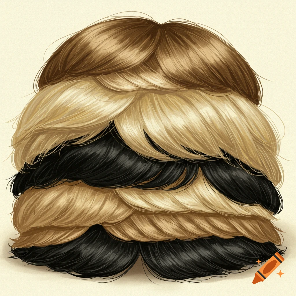 A stack of toupees in different hair colors.