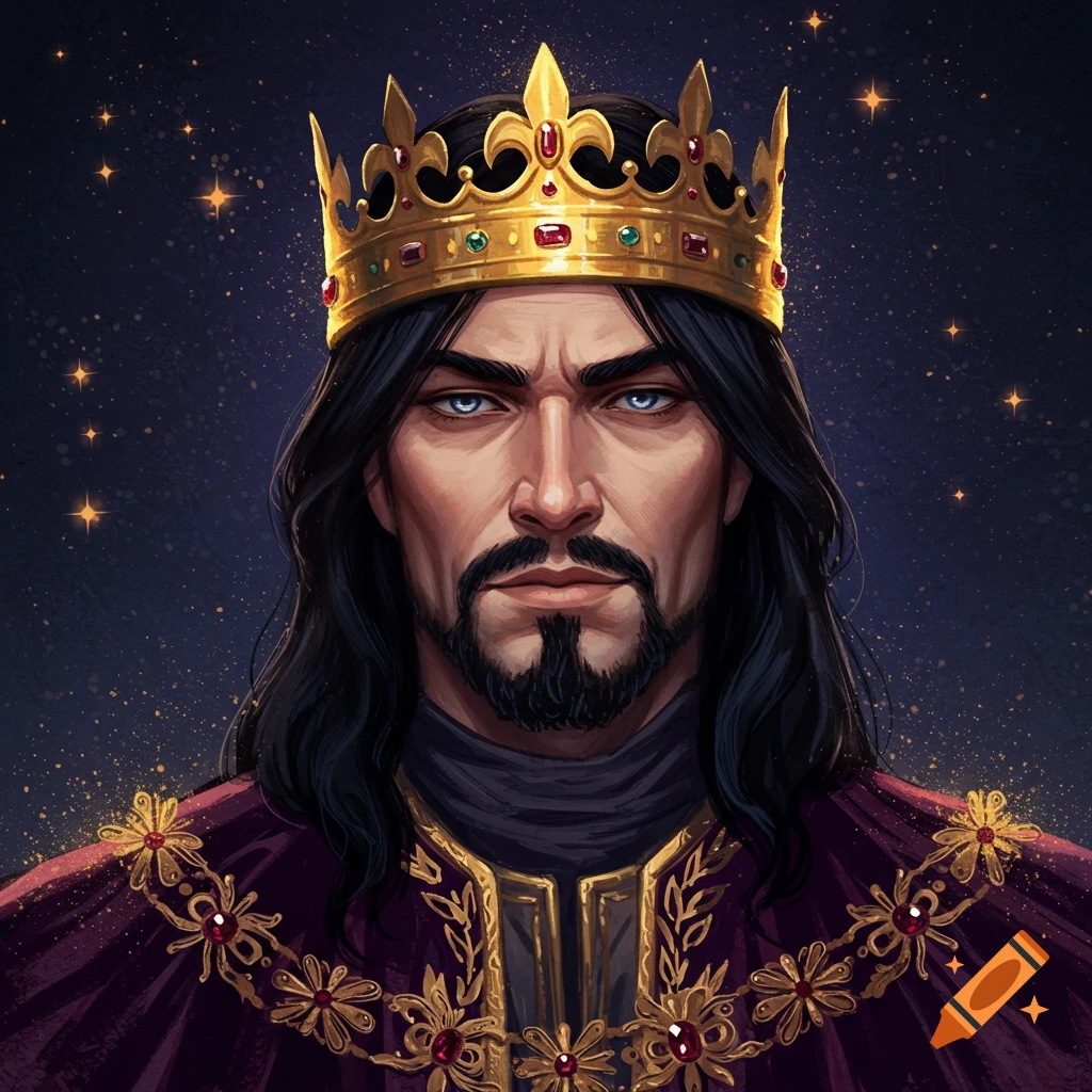 A stern king wearing a golden crown and purple robe is shown against a starry background.