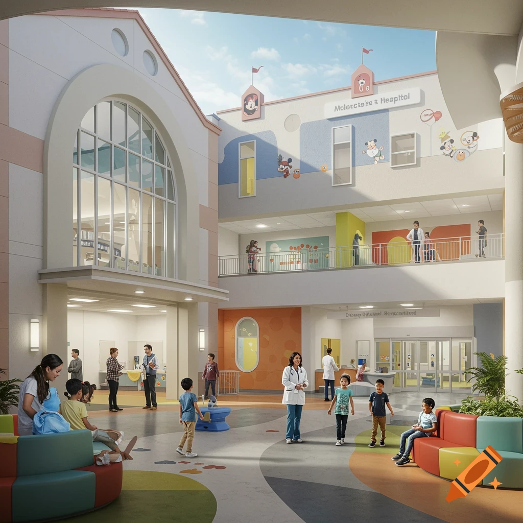 A bright, colorful children's hospital interior with families, medical staff, and Disney-inspired decor.