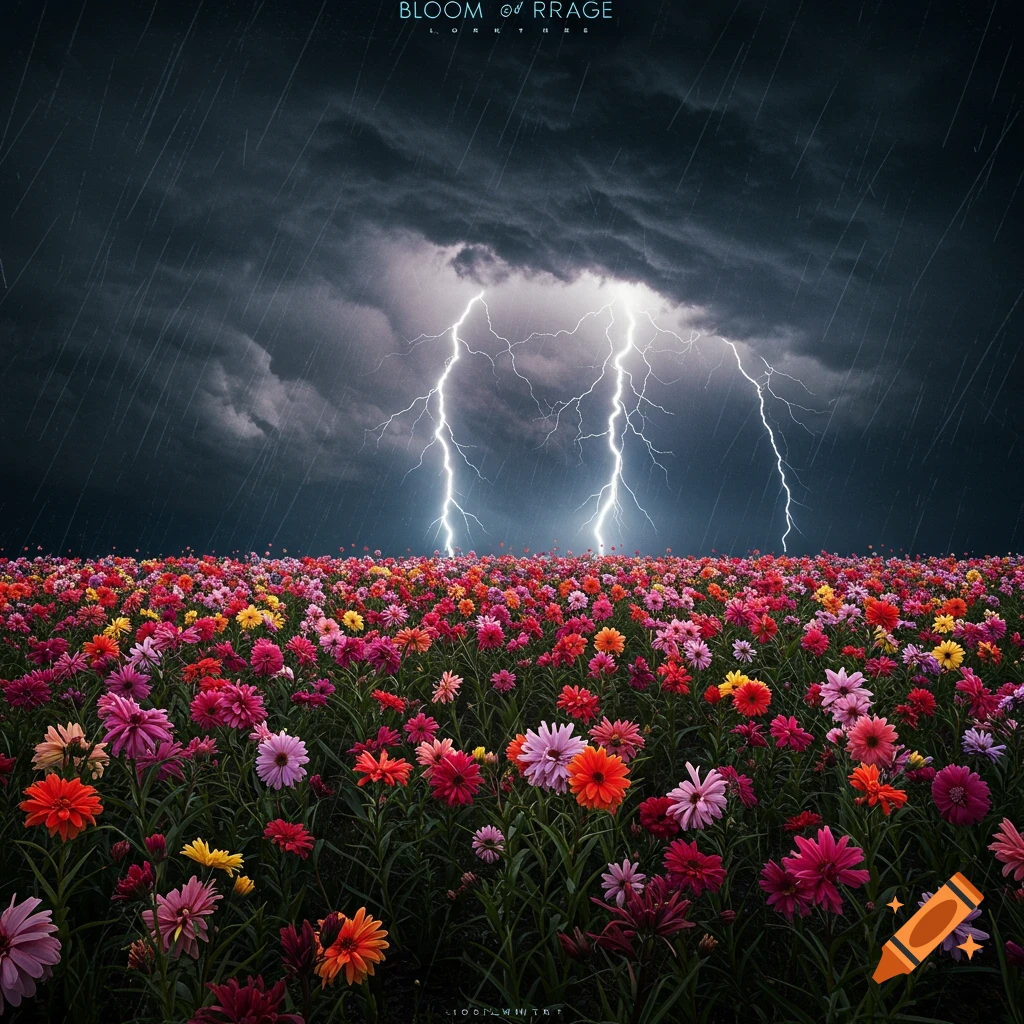 A field of colorful flowers under a dark, stormy sky with lightning strikes.