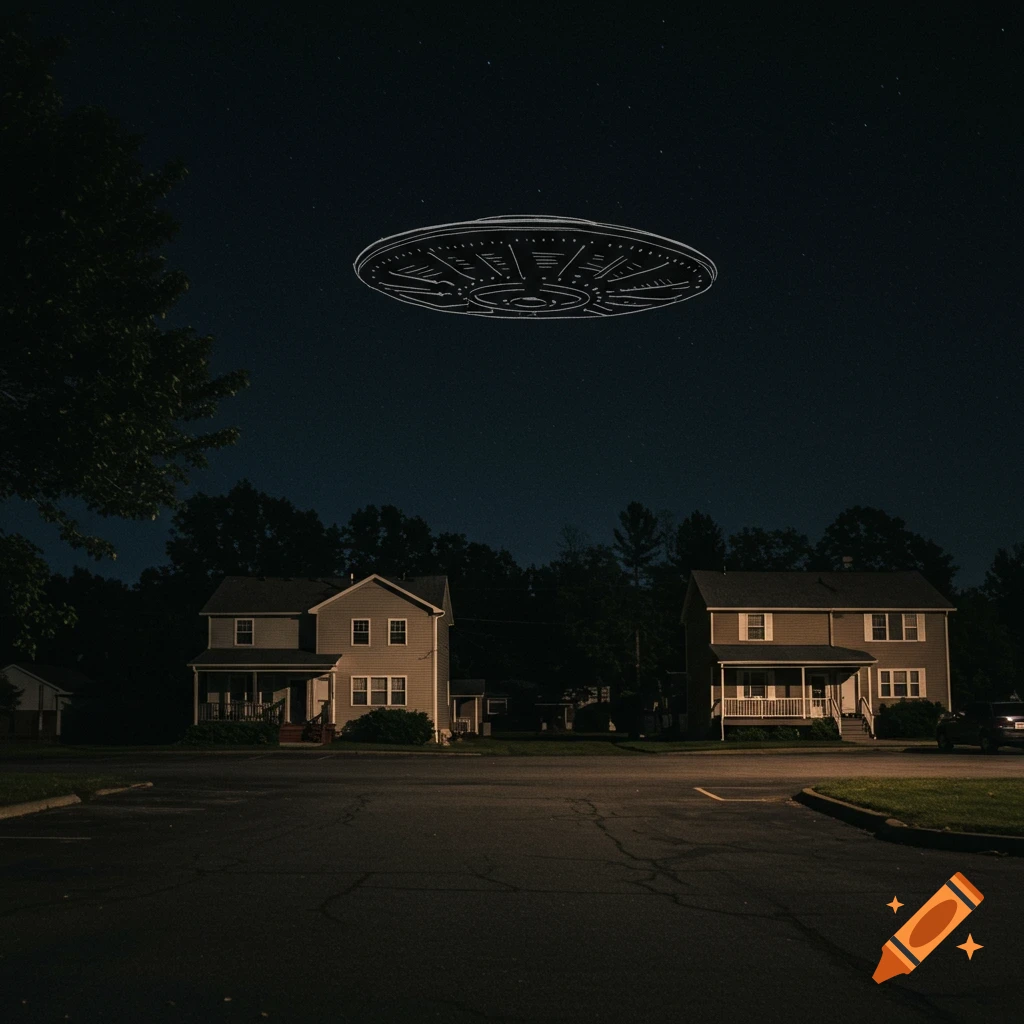 A line-drawn UFO hovers over two houses at night, seen from a dark parking lot, in analog horror style.
