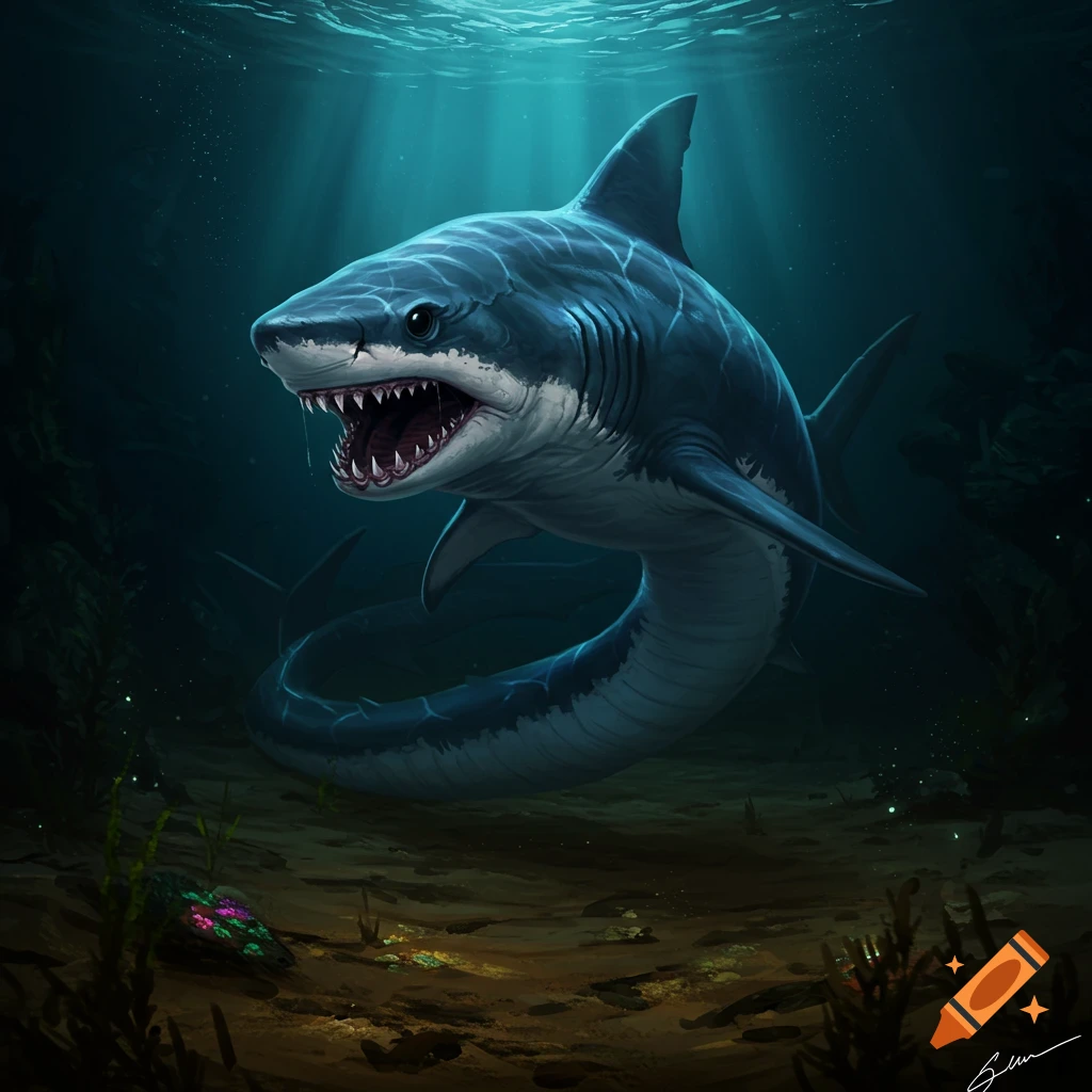 A large, mythical snake shark swims in the dark blue ocean depths.
