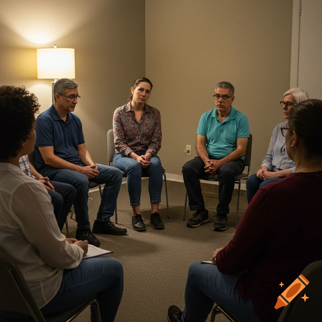 Six diverse adults sit in a circle during a support group session.