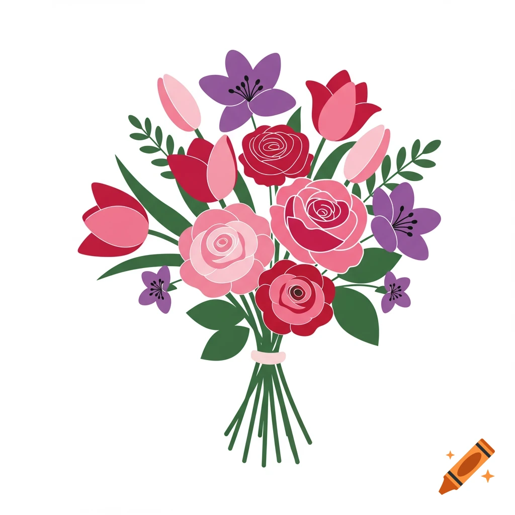 A vector graphic bouquet of pink, red, and purple flowers with green leaves.
