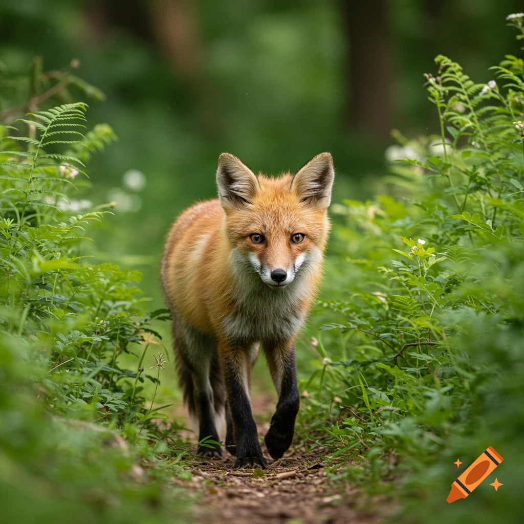 A fox walks on a dirt path through a lush green forest.