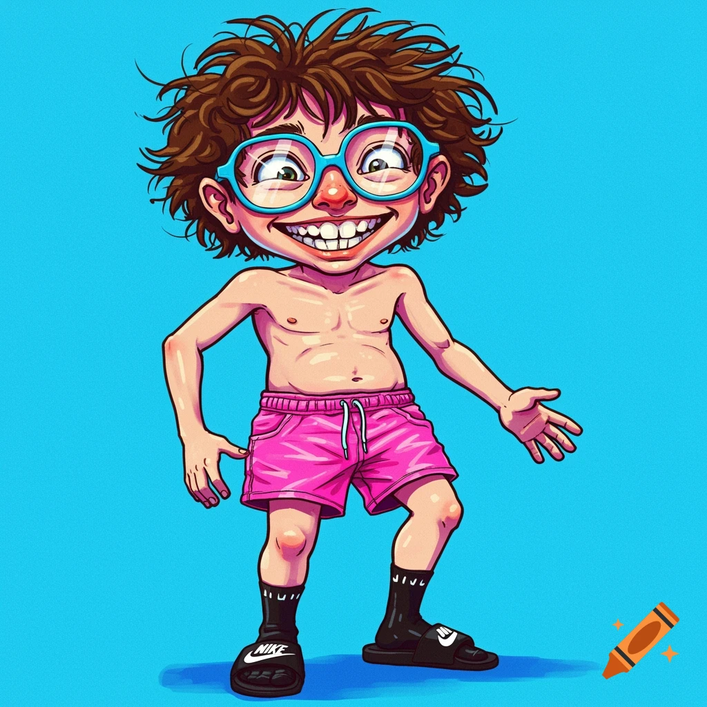 Cartoon boy with messy hair, blue glasses, goofy smile, pink shorts, black slides and socks.