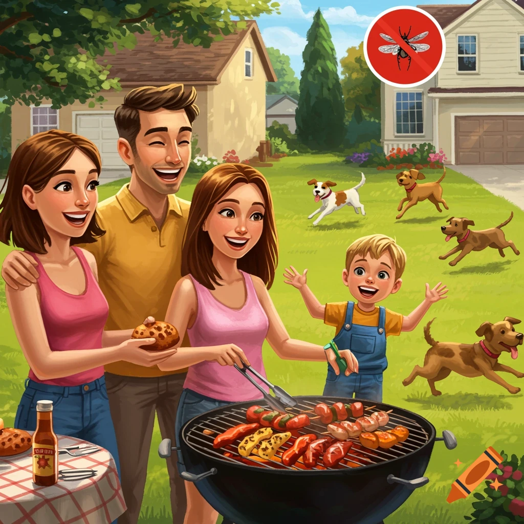 Family having a backyard BBQ with dogs running