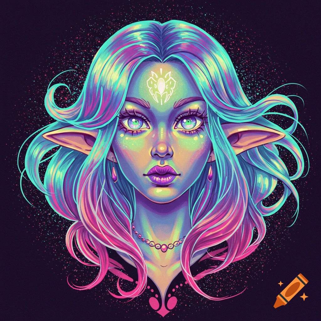 A portrait of a fantasy creature with glowing eyes and vibrant pink, purple, and blue hair.