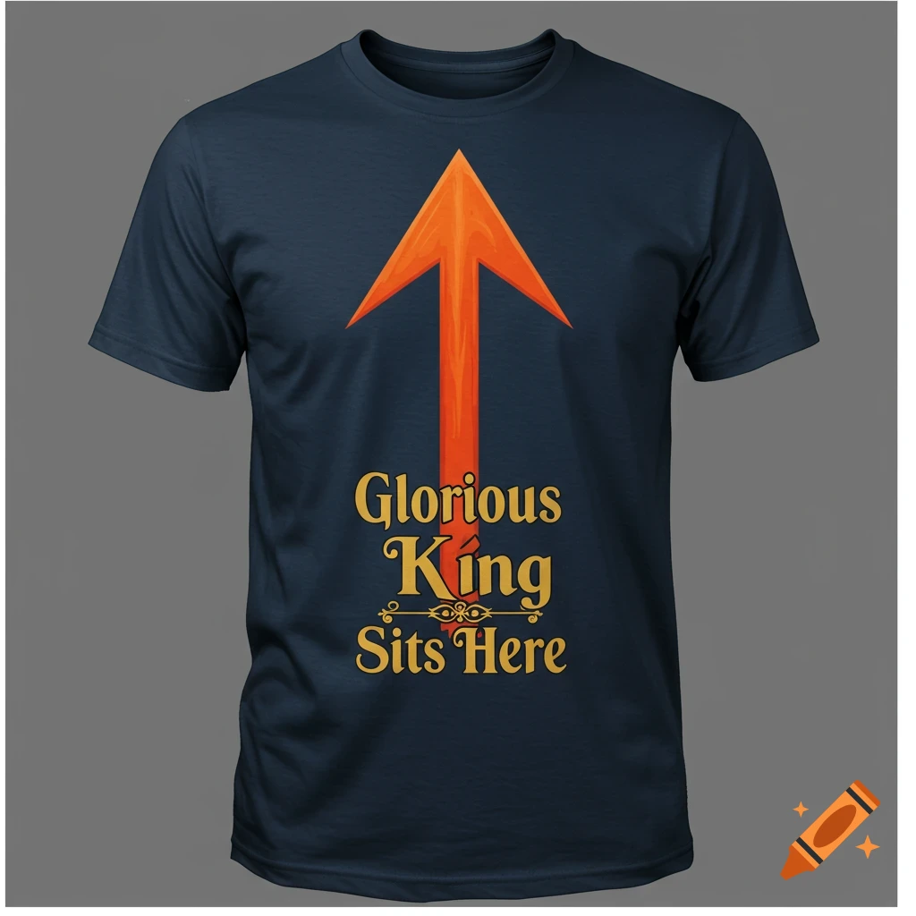 Navy blue t-shirt with an orange upward arrow and text 'Glorious King Sits Here'