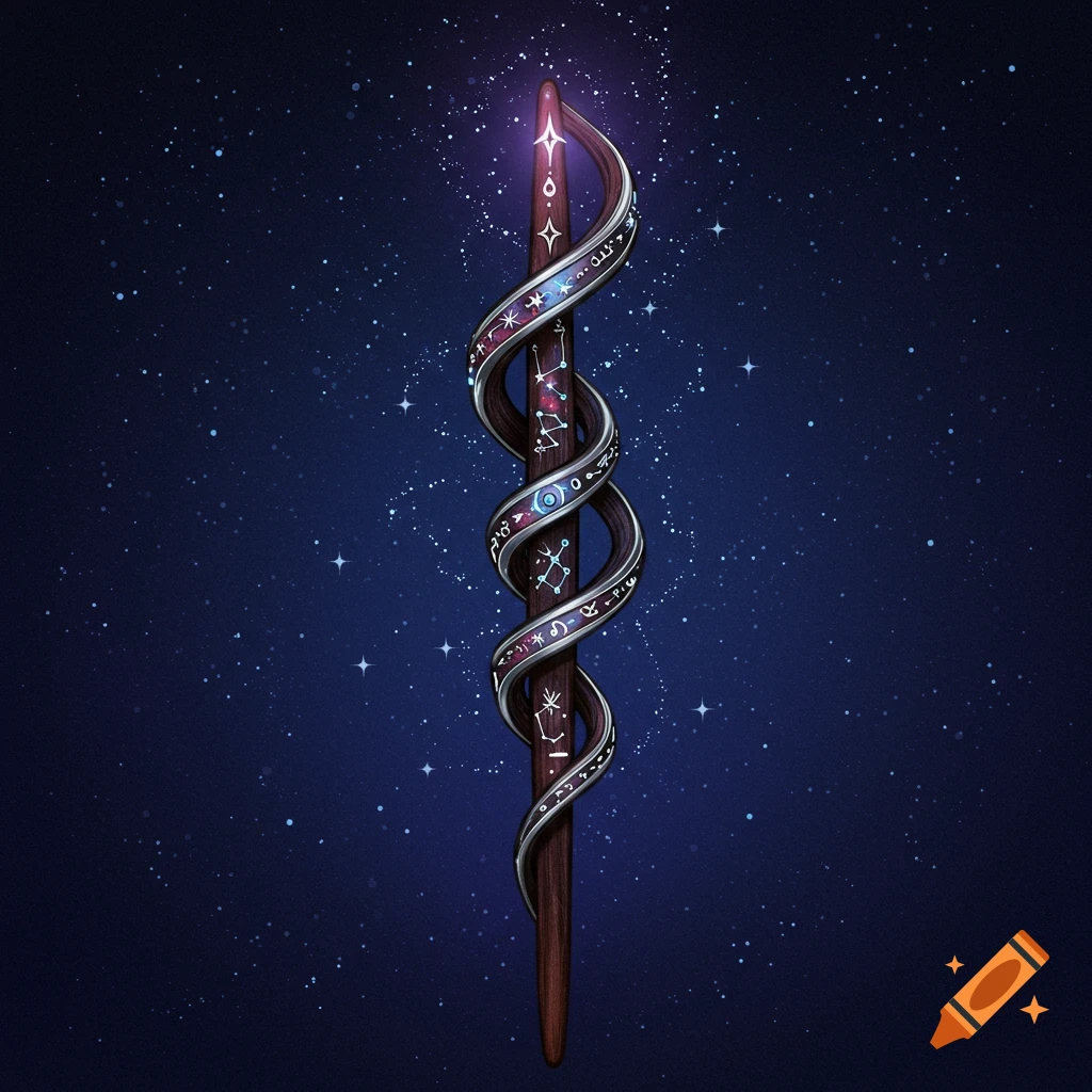 A magical wand wrapped in silver with glowing runes and stars, against a starry night sky.