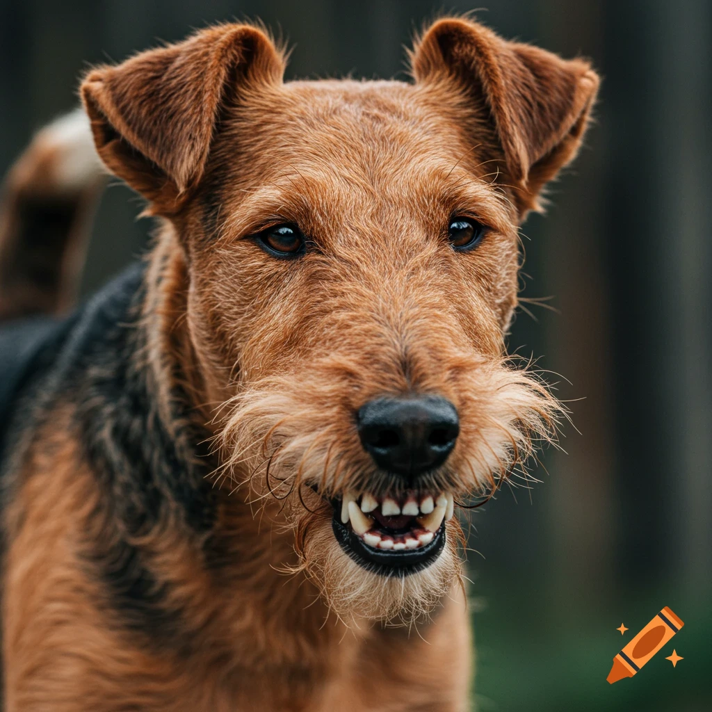 Close-up portrait of a brown and black terrier dog snarling, showing its teeth, outdoors.