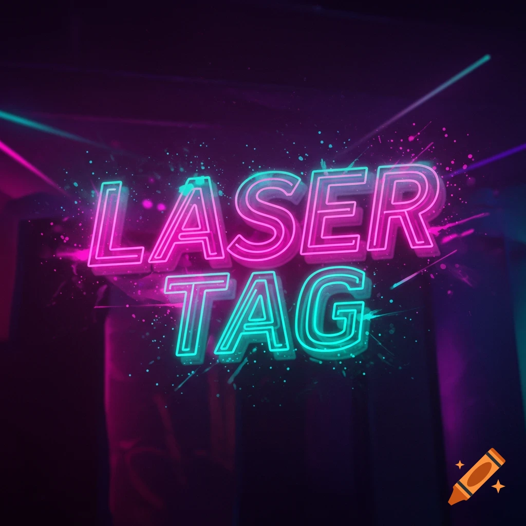 Neon text spelling LASER TAG with pink and cyan light effects