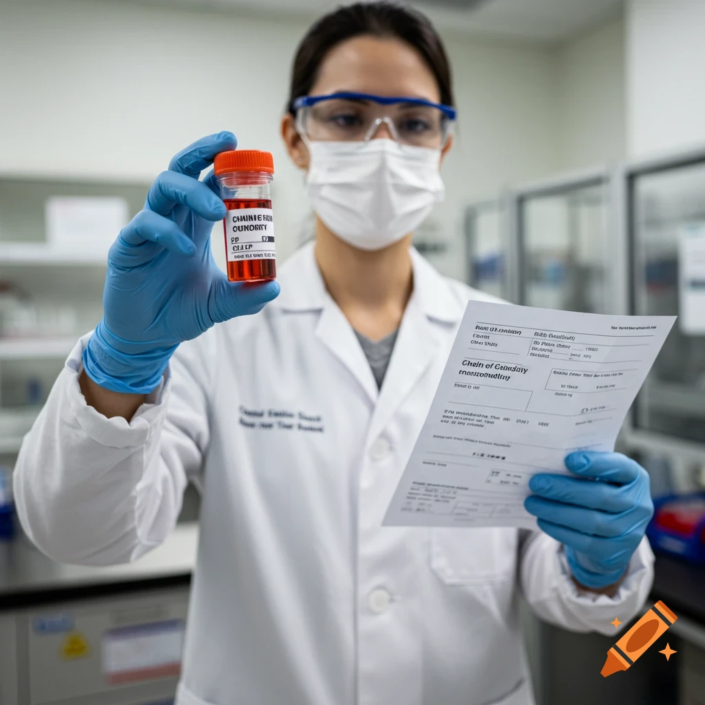 A person in lab coat, mask, and goggles holds a sample bottle and a document in a laboratory.
