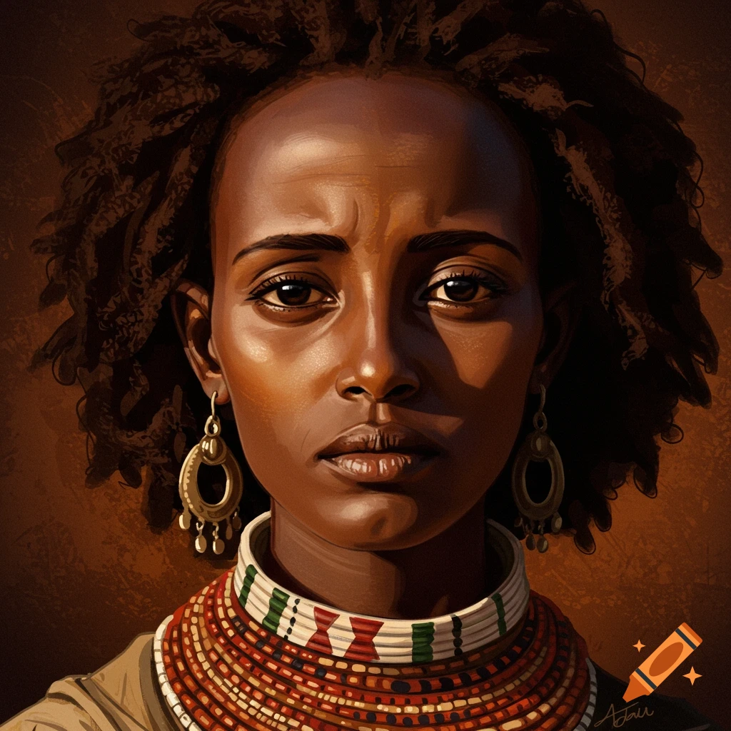 A woman with dark skin and traditional jewelry.