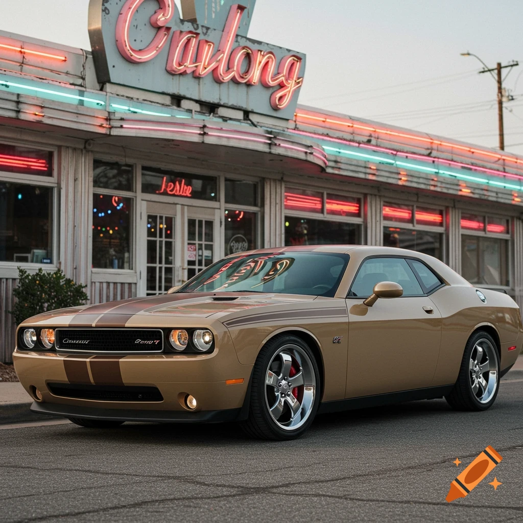 A tan Dodge Challenger R/T with stripes parked in front of a retro diner with neon signs.