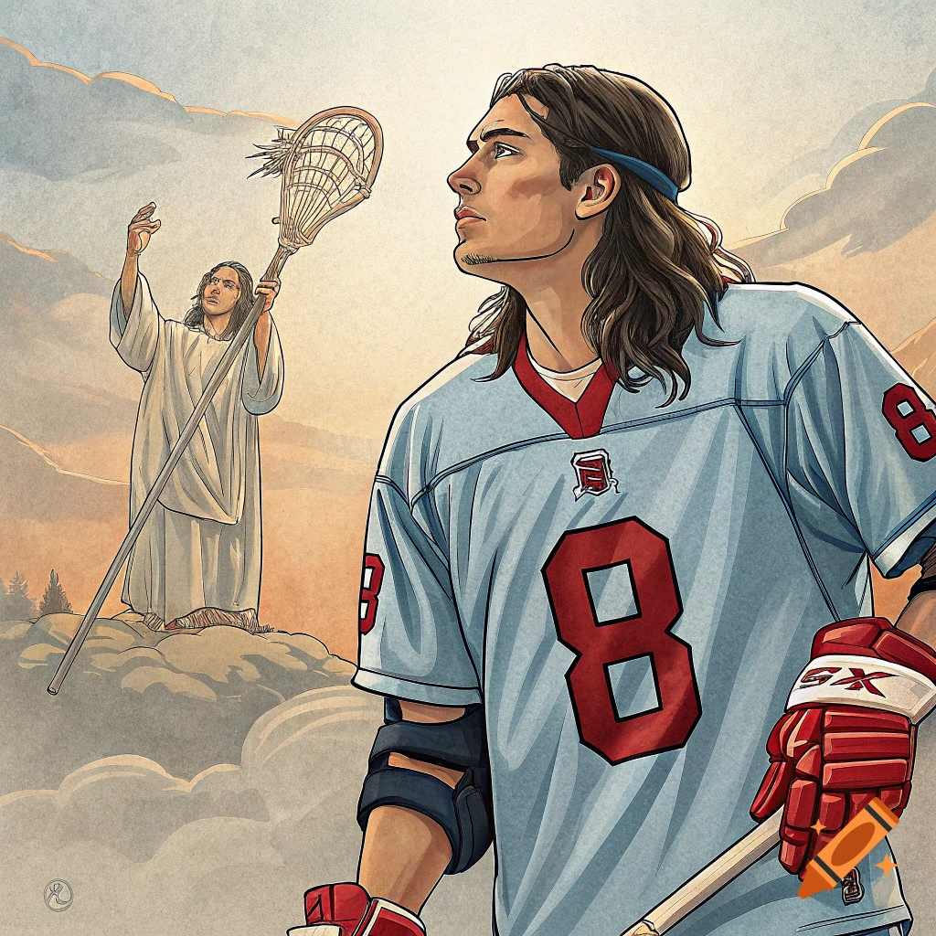 Lacrosse player number 8 looks up as a figure resembling Jesus prays in the clouds in the background, Ghibli style.