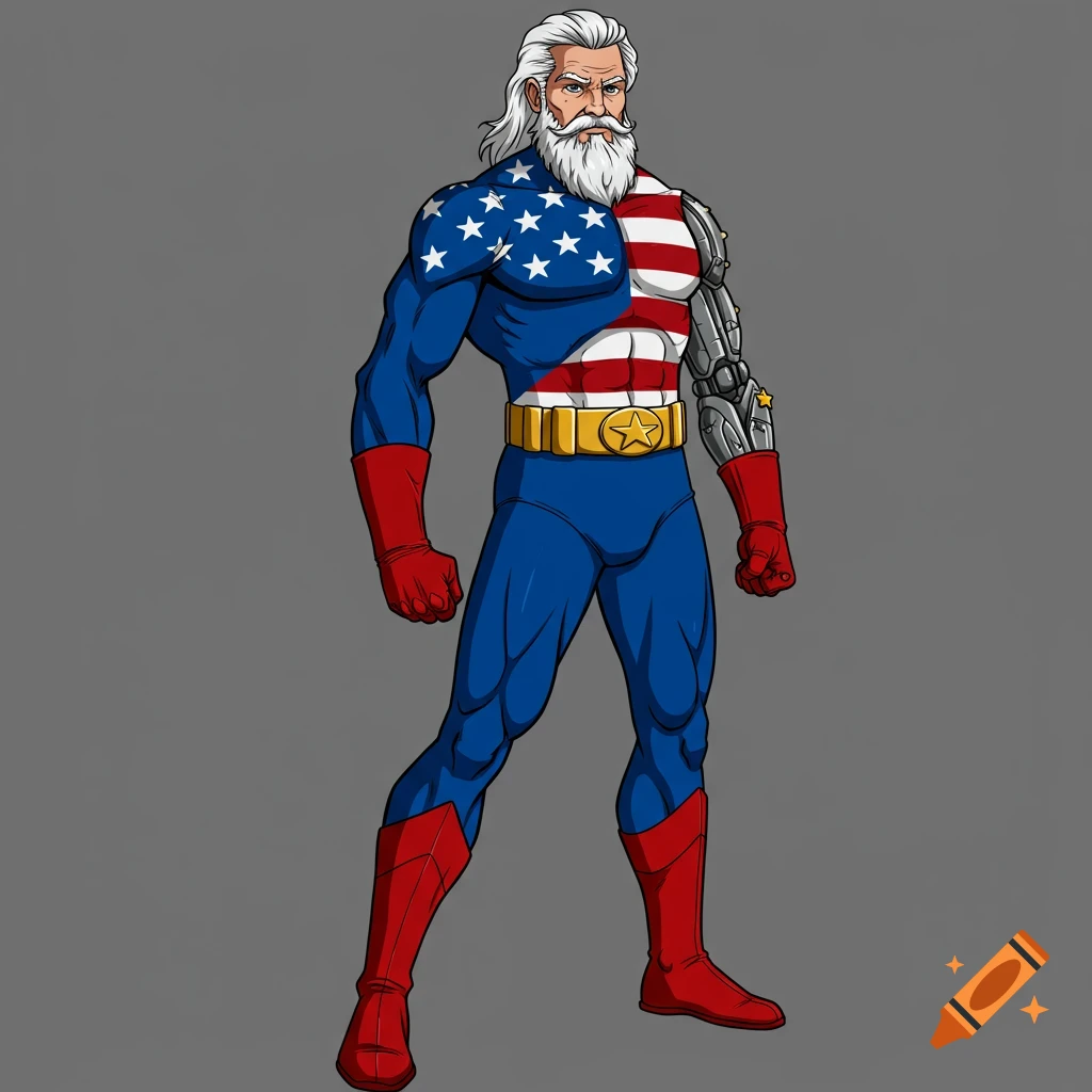 Comic art of a superhero with white hair and beard, US flag suit, robotic arm, red gloves and boots.