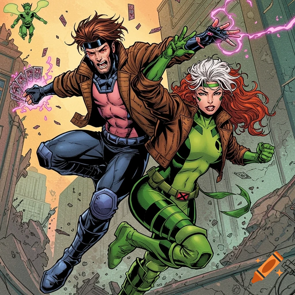 Comic book illustration of X-Men characters Rogue and Gambit in action in a ruined city.