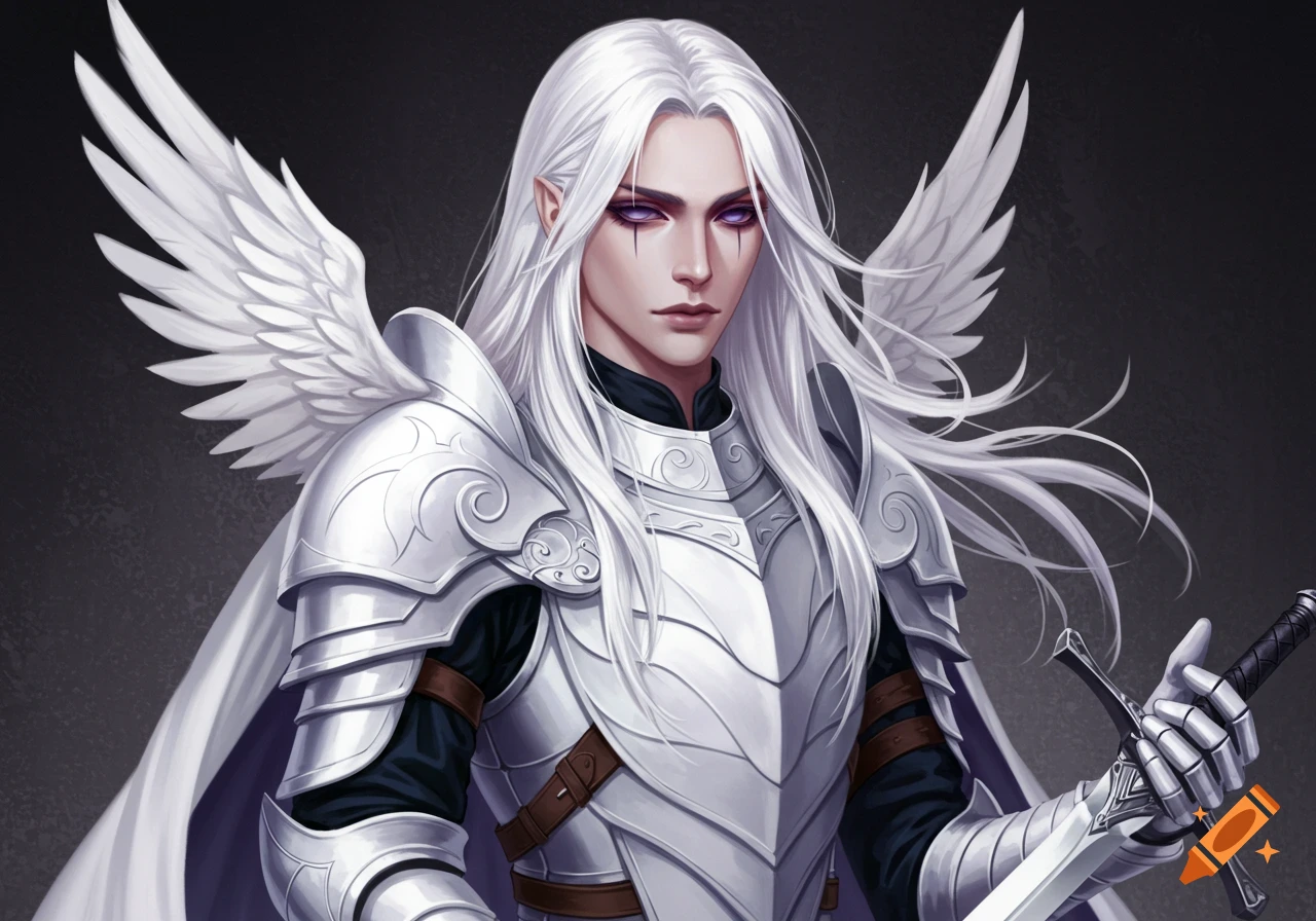 A fantasy character in white armor with white hair and wings, holding a sword.
