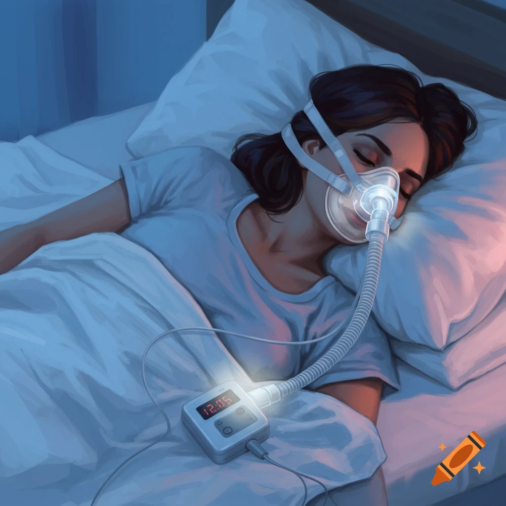 A woman sleeps in bed, wearing a CPAP mask connected to a medical device display.