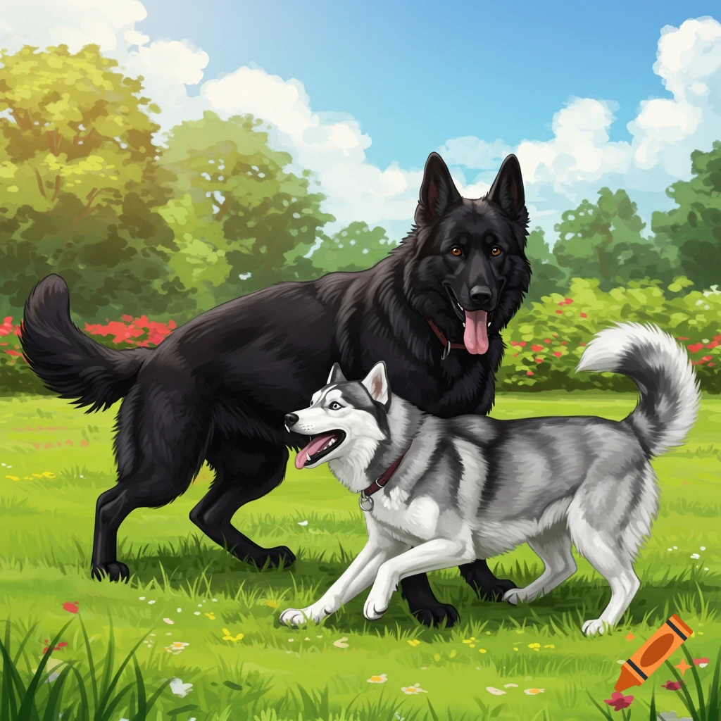 A black German Shepherd and a husky playing in a grassy park.