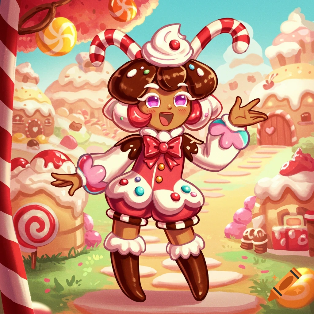 A character made of candy and sweets in a candy land setting.
