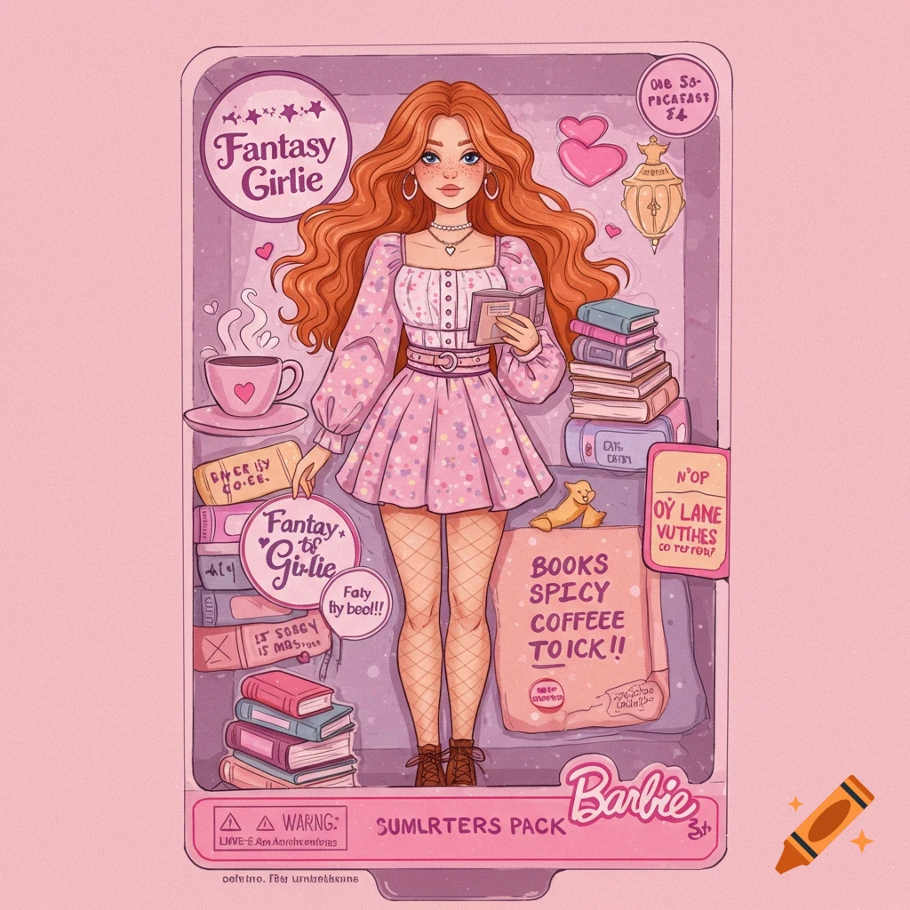 Illustration of a red-haired doll like Barbie in a pink toy box with books and coffee, labeled 'Fantasy Girlie'.