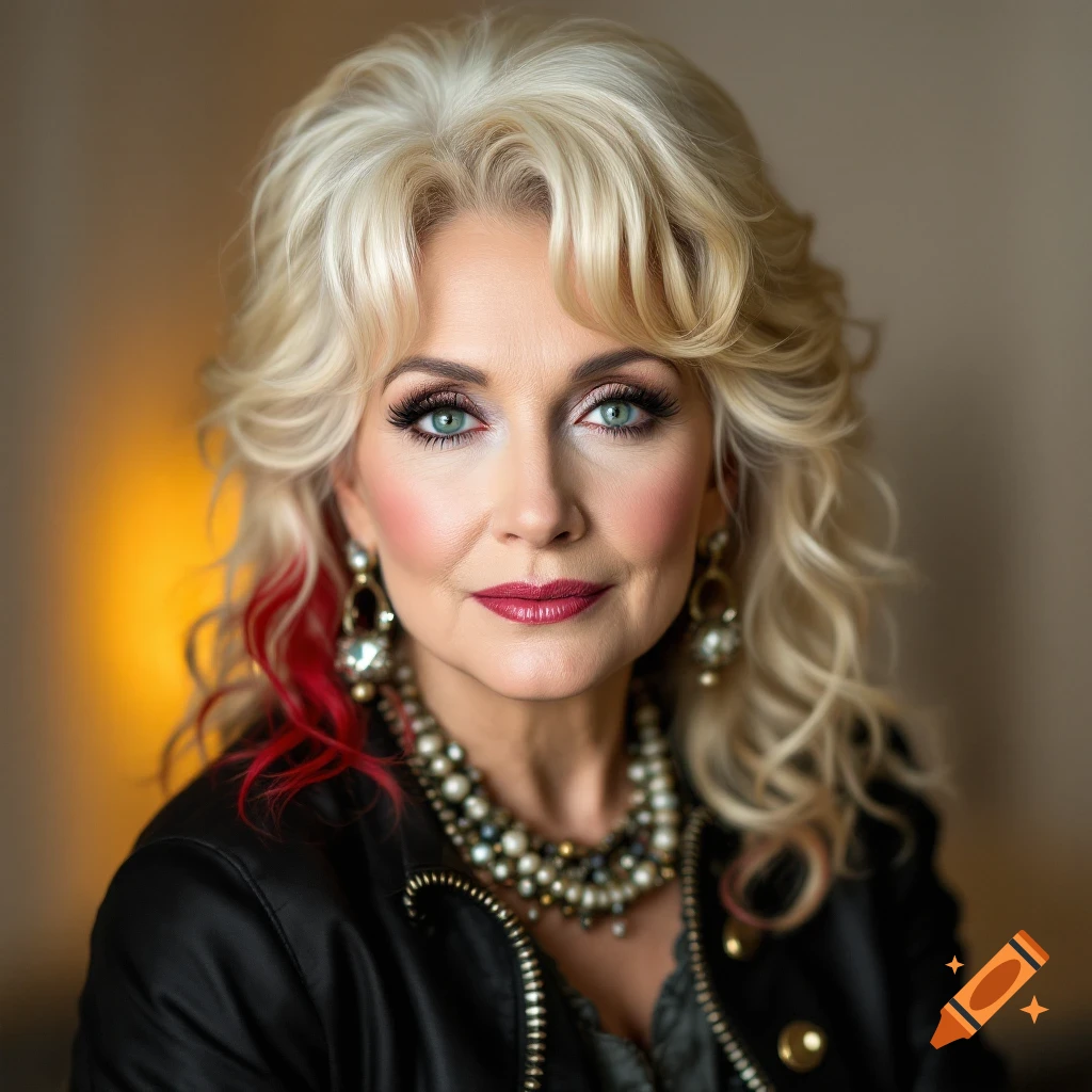 Close-up portrait of a woman with blonde hair, gray roots, red tips, blue eyes, makeup, jewelry, and a leather jacket.