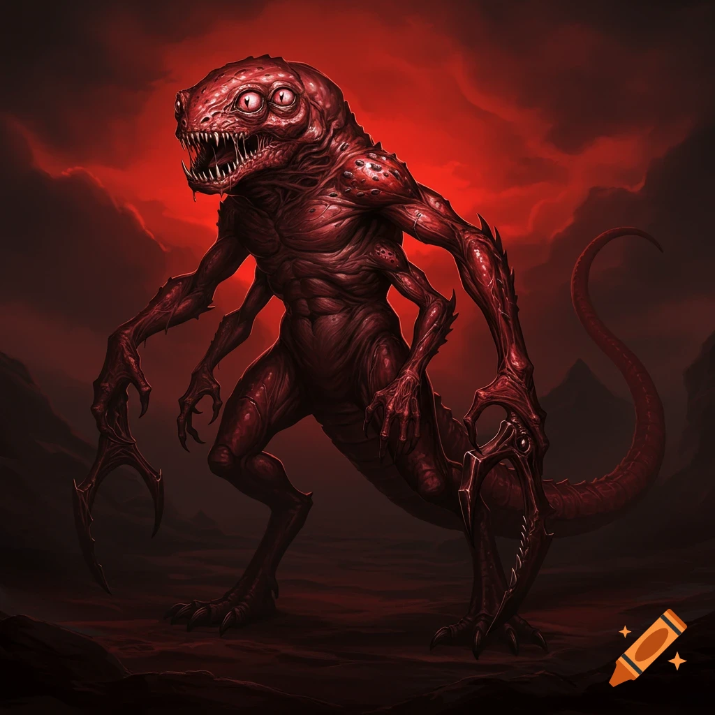 A fearsome red monster with multiple eyes and arms stands in a dark, blood-red landscape.